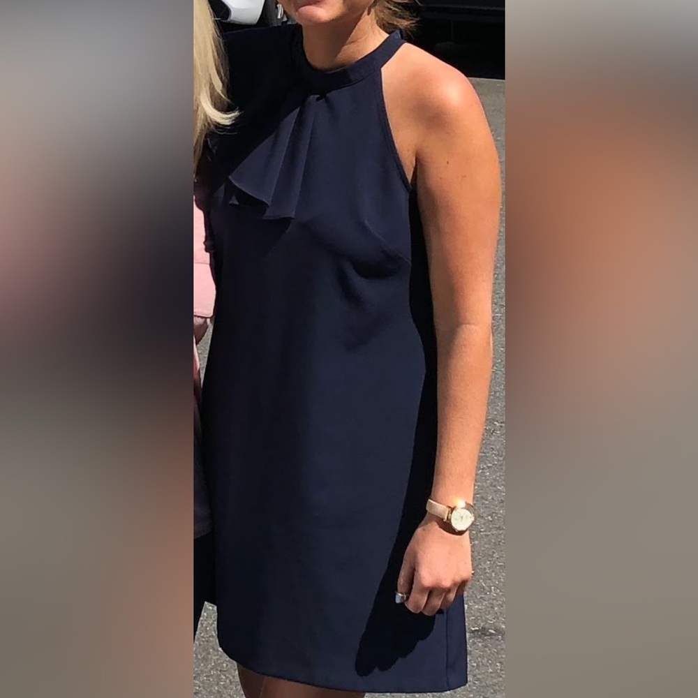 Vince Camuto Navy Blue One Shoulder Ruffle Dress